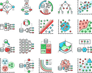 machine learning algorithm model icons set vector