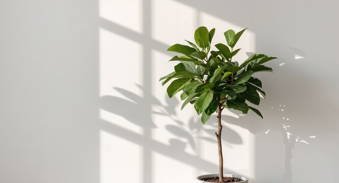 Ficus Audrey Plant in Minimalist Interior with Sunlight and Window Shadows, Indoors.