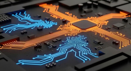 Close-up view of a futuristic circuit board with glowing blue and orange data pathways and a central processing unit.