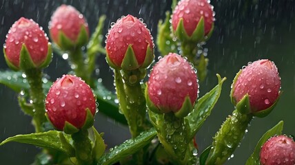Rainy season nurtures blooming flower buds, celebrating fresh growth, vibrant petals, lush greenery, and the beauty of nature&rsquo;s renewal in a serene seasonal landscape