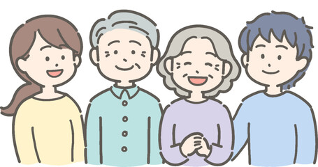 シニア夫婦と若い男女の家族のイラスト
