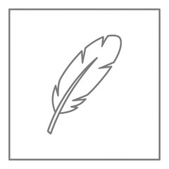 A simple outline drawing of a feather on a white background.