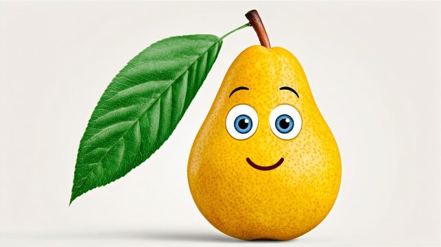 Cartoon pear with a leaf on top of it. The pear is smiling and has blue eyes