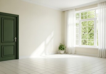 Fototapeta premium Sunlight streams through a large window into a bright empty room with a green door