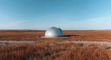 Futuristic Dome Structure in Autumn Landscape, Saskatchewan, Canada, Modern Architecture.