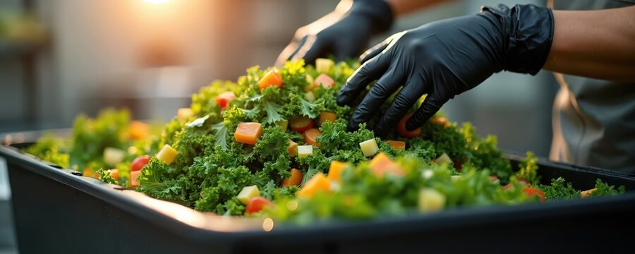 Employee with black gloves carefully picks fresh salad ingredients from large container at food waste recycling facility. Focus on sustainable practices and healthy organic produce for nourishment. - Powered by Adobe