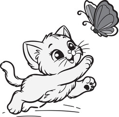 Cute cartoon kitten playfully chasing a butterfly in a simple line drawing