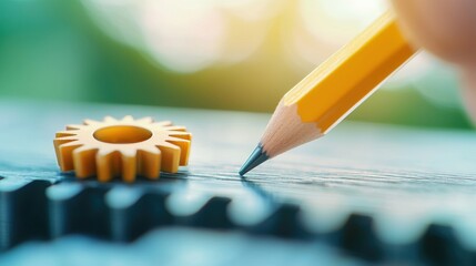 Pencil and Gear Setting Hand holding a pencil adjusting a gear on a machine, close up shot with a blurred background, represents technical adjustments and customization