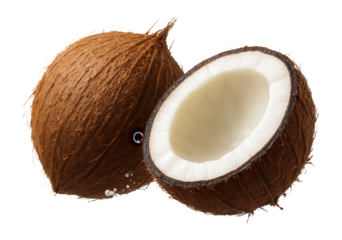Whole and halved coconuts with splashing water.