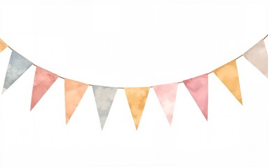 Watercolor illustration of Garlands with Flags in soft boho colors. Drawing of pennants for baby showers greeting cards or childish party invitations. Art for nursery decorations and festivity decor.