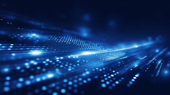 Abstract futuristic blue digital technology background with glowing cyber network connections, circuit board patterns, data flow visualization, and modern high-tech communication design