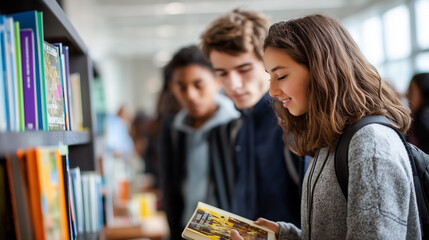 Students engage with books at a lively book fair, showcasing excitement and curiosity. The open setting fosters a love for reading among youths