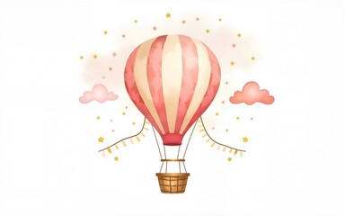 Naklejka premium Watercolor hot Air Balloon with garlands, clouds and stars. Hand drawn Baby illustration of vintage aircraft in pastel pink end beige colors. Cute drawing for newborn shower or kid birthday.