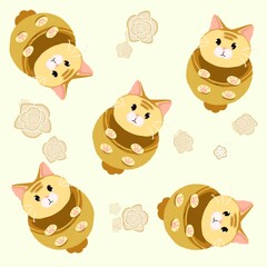 set of cartoon animal cats with flowers seamless patterns