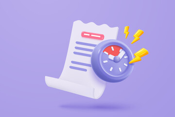 3D bill icon with clock alarm notice for promotion payment transaction. Business invoice order expenses idea for accounting in store concept. 3d receipt list icon vector render illustration