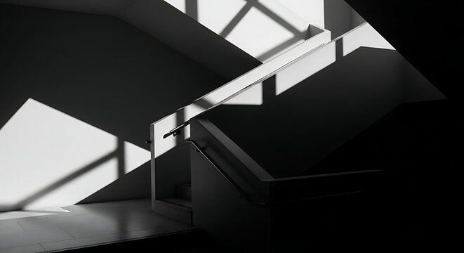 Escaleras modernas con sombras de luz solar en blanco y negro
