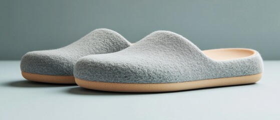 Two minimalist grey felt slippers on pale blue backdrop with light tan soles