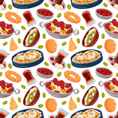 Seamless pattern with traditional Turkish breakfast dish tea, poached eggs, sucuk, bread, olives, strawberry jam and pastry. Perfect for food packaging, textile design and culinary theme.