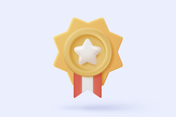 3d winner medal with star and ribbon on certificate. Quality guarantee of product champion award with cartoon minimal style. 3d winning rating icon vector rendering illustration