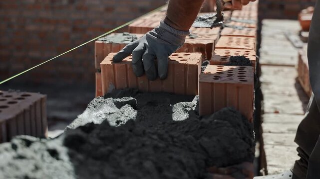 Brick wall construction with mortar alignment. Close-up view of red hollow bricks being laid with fresh mortar, guided by a taut string for straight wall alignment.