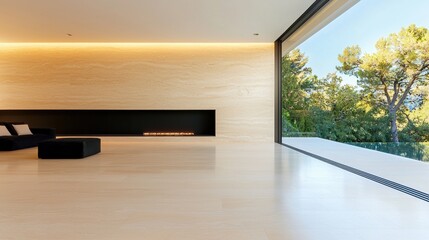 Modern Minimalist Beige Room Open plan living space with beige walls, black accents, and minimalist furniture, large windows letting in natural light