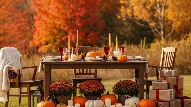 Outdoor Thanksgiving dinner table set in a field. Festive fall harvest celebration decorated with pumpkins, candles, and autumn flowers against a backdrop of colorful trees.