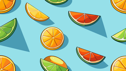 Obraz premium Seamless pattern featuring slices of orange, grapefruit and lime on a light blue background design