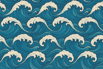 Seamless Pattern of Stylized Ocean Waves With White Foam in Blue Abstract Design