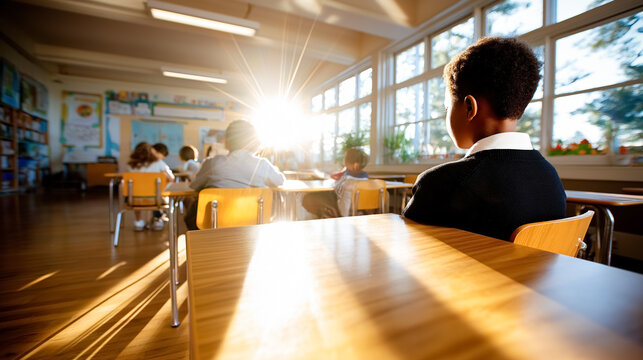 Students sitting at desks in elementary school classroom bathed in warm sunlight. Bright atmosphere creates inviting learning environment. Concept of education, childhood development, school supplies