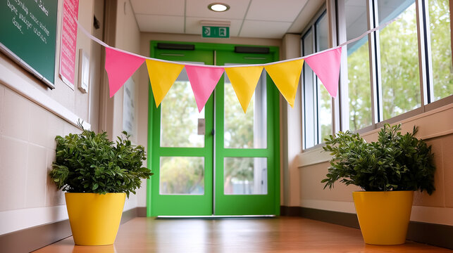 Colorful banners in pink and yellow hang across hallway at entrance to classroom. Bright green doors create inviting atmosphere. Concept of education, school environment, student engagement