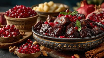 Fesenjan, a classic Iranian stew, features tender chicken or duck simmered in a rich, tangy-sweet pomegranate and walnut sauce, traditionally served with saffron rice.
