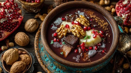 Fototapeta premium Fesenjan, a classic Iranian stew, features tender chicken or duck simmered in a rich, tangy-sweet pomegranate and walnut sauce, traditionally served with saffron rice.