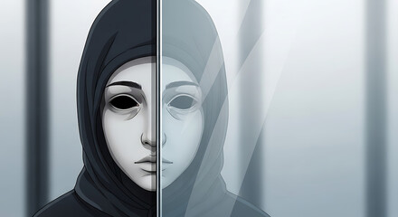 Eerie Reflection: Hooded Figure in a Glass Partition