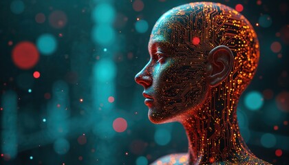 AI-driven digital world concept visualized through human head with circuit board patterns. Holographic displays, bokeh lights in gigapixel scale showcase advanced technology, future connectivity.