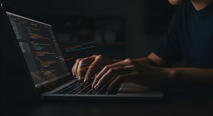 Coding in the Dark Person Typing on Laptop with Source Code Displayed
