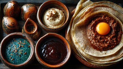 Injera, a traditional Ethiopian flatbread, is spongy and slightly sour, used as an edible utensil to scoop stews, lentils, and vegetables in communal meals.