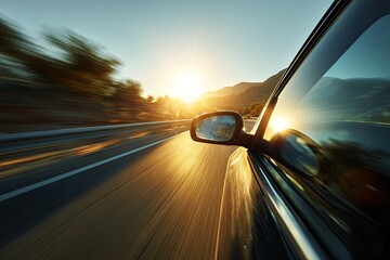 Obraz premium A car speeding along a highway at sunset