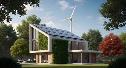 Futuristic eco-friendly house with solar panels on the roof and a vertical garden, powered by renewable wind turbine energy for sustainable living.