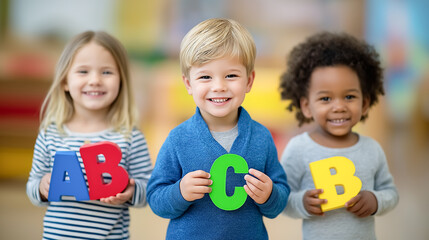 Kids are smiling and holding bright letters A, B, C, and B in vibrant classroom filled with engaging learning materials. Concept of early childhood education, literacy development, preschool