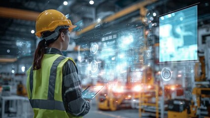 Woman inspecting warehouse with tablet - Powered by Adobe