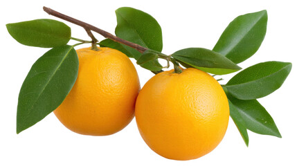 Two fresh orange fruits isolated on branch with green leaves on transparent background