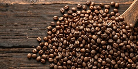 Dark wood coffee board overflowing with roasted coffee beans,   coffee lover,  brown