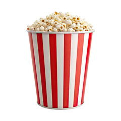 Classic red and white striped bucket overflowing with freshly popped popcorn isolated on transparent background