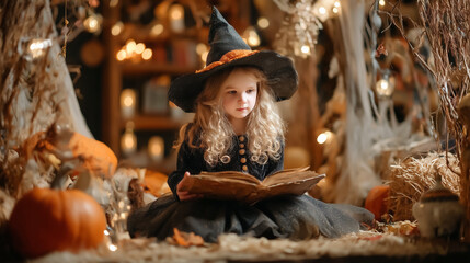 Little witch turns pages of a spellbook surrounded by pumpkins and soft glowing lights. Cozy indoor atmosphere with enchanting decor suggesting creativity and imagination