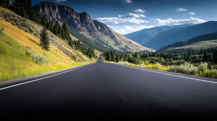 Fototapeta premium Long, empty road with a mountain range in the background. The road is wide and straight, with no cars or other vehicles in sight. The scene is peaceful and serene