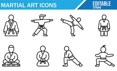 Set of Martial Art Icons for Karate, Taekwondo, and Judo Sports Poses