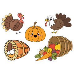 Four thanksgiving icons depicting a turkey  and a leaf in a black and white vector style
