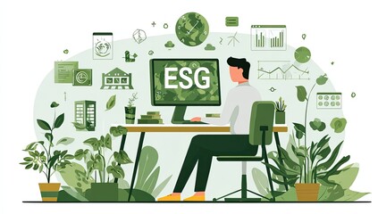 Person working at a desk with ESG displayed on a computer. Surrounded by green icons