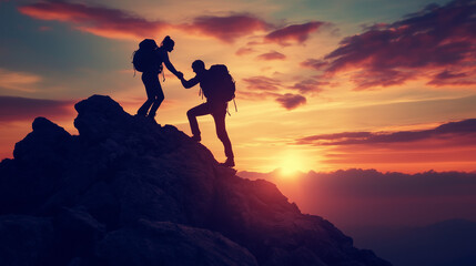 Two climbers helping each other reach the mountain peak, watching the sunset together, breathtaking scenic view, warm golden light, atmosphere of achievement and reaching the goal.