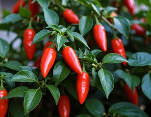 Red chili peppers on a plant